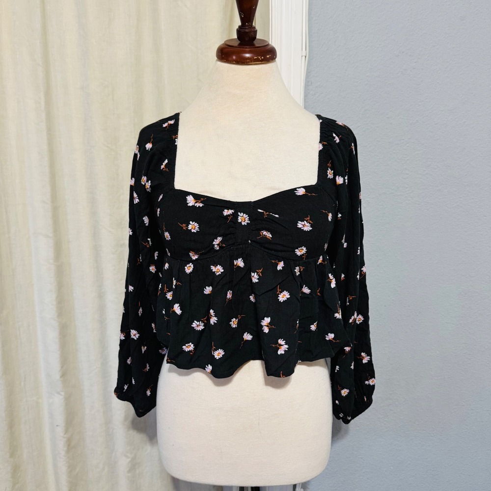 Billabong Boho Off Shoulder Floral Square Neck Long Sleeve Crop Top Black Size S